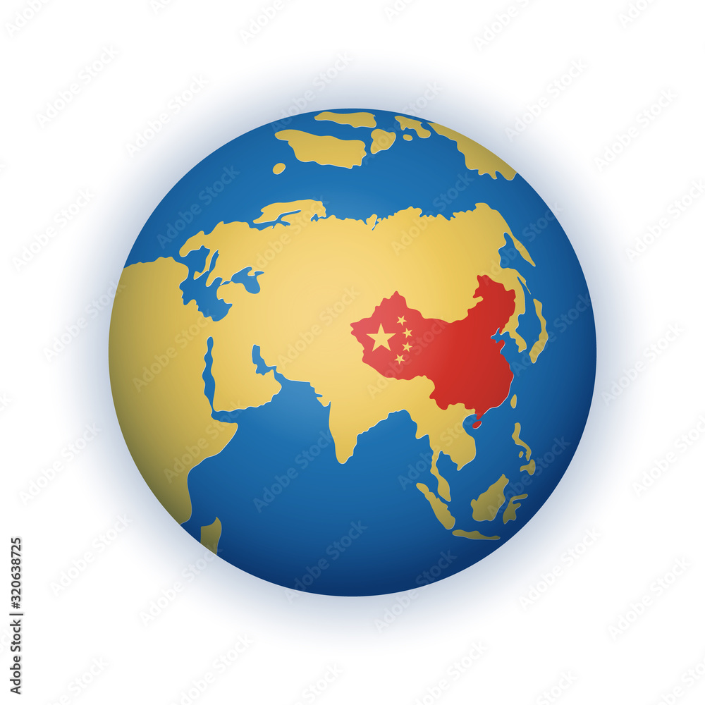Stilyzed, simplified globe in blue and yellow colours with the territory of the Peoples Republic of China highlighted in red, vector illustration isolated on white background