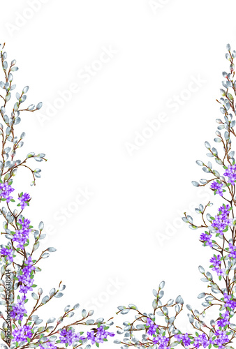 Beautiful delicate spring realistic vertical rectangular frame of willow and lilac branches. Easter and spring time. Purity and innocence symbol. Watercolor isolated elements on white background. © Na.Ko.
