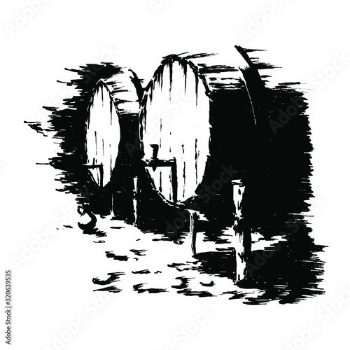 wine barrels - vector black and white illustration of two wooden barrels in a wine cellar