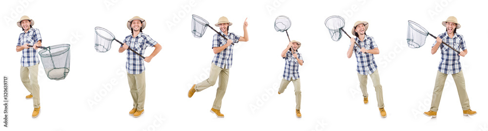 Funny guy with catching net on white Funny guy with catching net on white