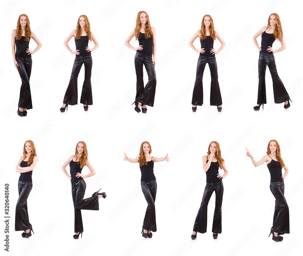 Obraz premium Redhead woman in black bell bottom pants on white