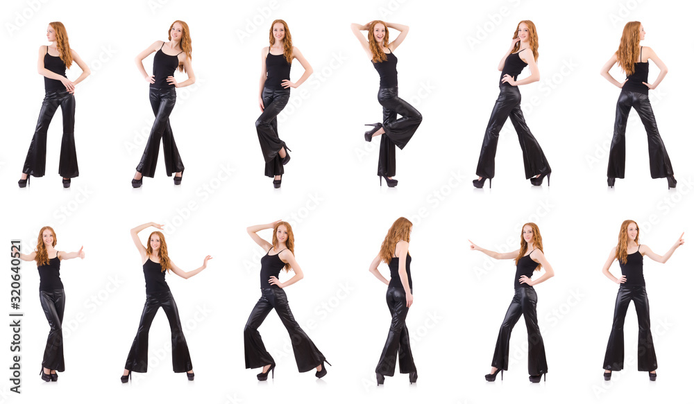 Redhead woman in black bell bottom pants on white