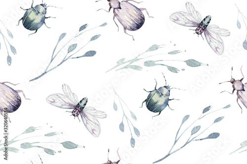 Set of watercolor bright beetles seamless pattern  bugs fly and bees. Isolated colorful cartoon buttle and bug. Insect set decoration