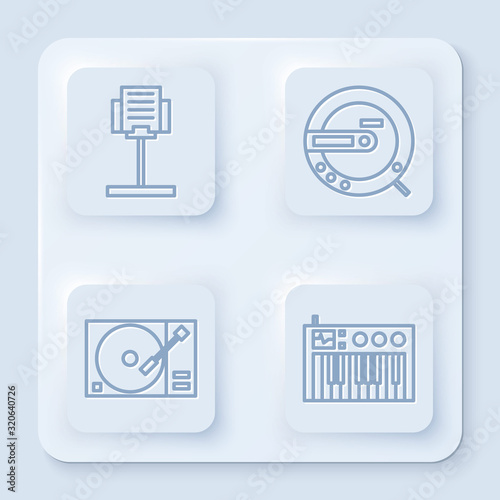 Set line Music stand, Music CD player, Vinyl player with a vinyl disk and Music synthesizer. White square button. Vector