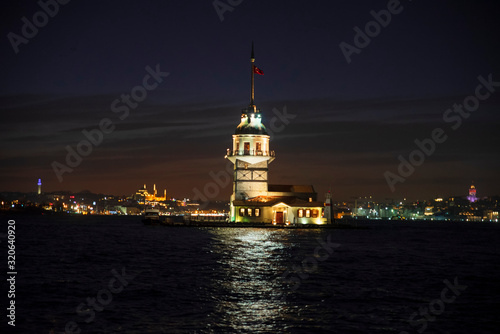 Maiden Tower in the night with its lights on, Istanbul