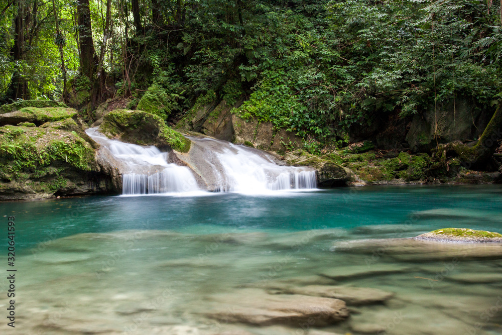 Naklejka premium Tagesausflug: Abenteuer Fluss Wanderung unter den Reach Falls in Jamaica Portland