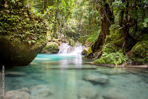 Fototapeta Naklejka Na Ścianę i Meble -  Tagesausflug: Abenteuer Fluss Wanderung unter den Reach Falls in Jamaica Portland