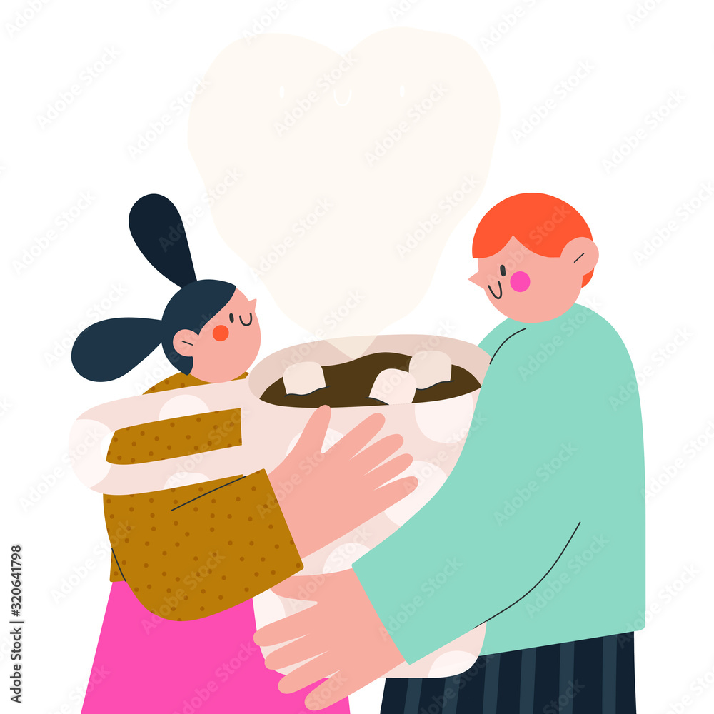 Cooking together - vector illustration of boy and girl holding cup together. Cute and simple cartoon characters. Artistic food and drink background.