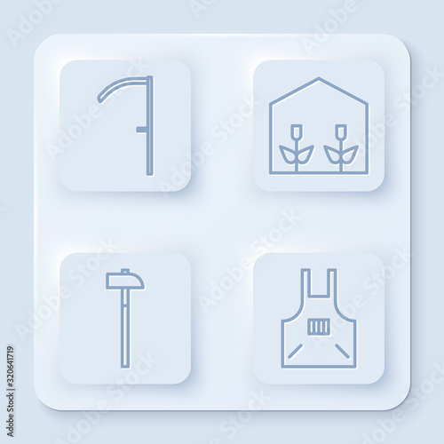 Set line Scythe, Home greenhouse and plants, Hammer and Kitchen apron. White square button. Vector