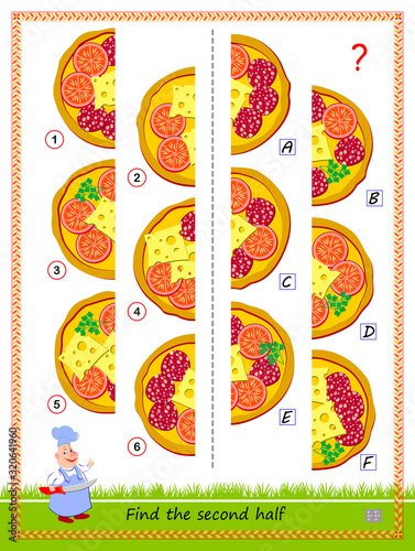 Logic puzzle game for children and adults. Need to find second half of each pizza. Educational page for kids. IQ training test. Developing spatial thinking skills. Flat vector cartoon image.