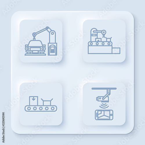 Set line Industrial machine robotic robot arm hand, Factory conveyor system belt, Conveyor belt with cardboard box and Wireless Controlling CCTV security camera. White square button. Vector