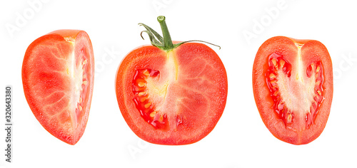 Fresh red tomato slices on a white background, top view.