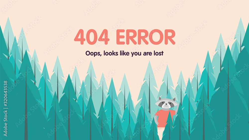 404 error not found page web design. Forest background with lost