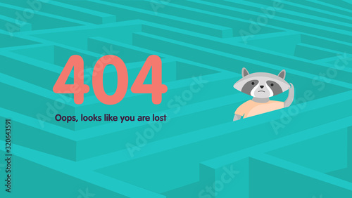 Abstract green perspective labyrinth with lost raccoon. 404 error not found page web design. Vector cartoon illustration