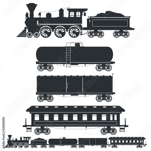 Set of silhouettes vintage train in retro style. Сistern car, container and passenger waggons