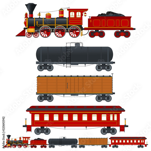 Colorful set of vintage train in retro style. Сistern car, container and passenger waggons