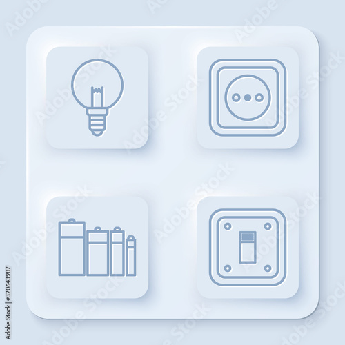 Set line Light bulb, Electrical outlet, Battery and Electric light switch. White square button. Vector