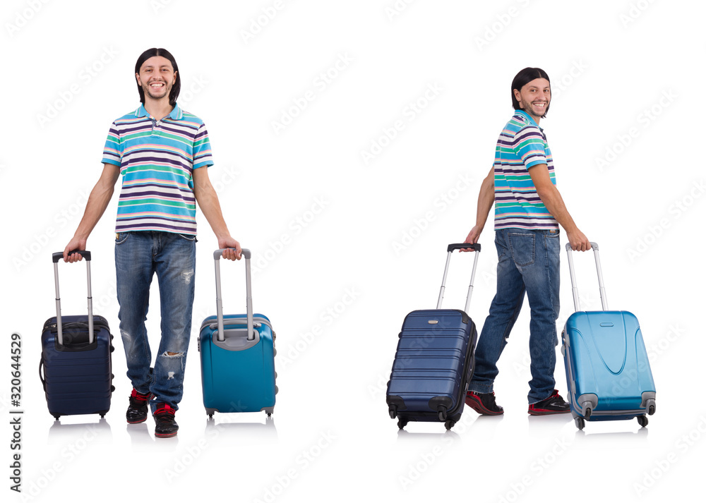 Young man travelling with suitcases isolated on white Young man travelling with suitcases isolated on white