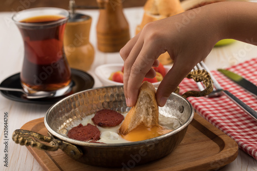 sausage eggs with Turkish tea