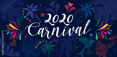 2020 Abstract Rio Brazilian Carnival music dance festival night party Samba dancer parade Sambadrome, New Orleans, Mardi Gras, notting hill, Venezia costume exotic tropical palm leaves set vector