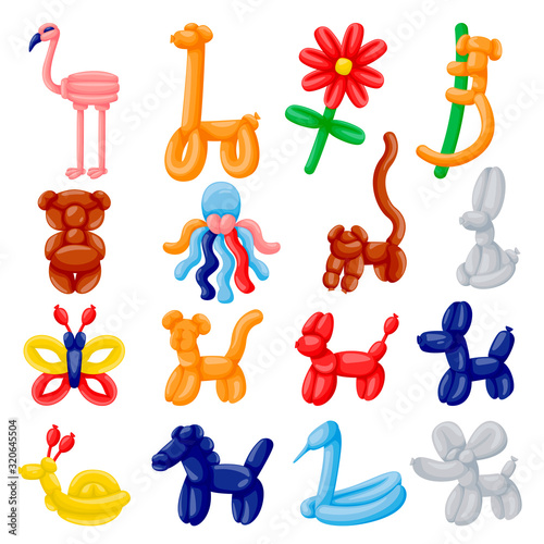 Animals sculptures made from air balloons. Toys icons set, isolated on white background. Vector cartoon illustration