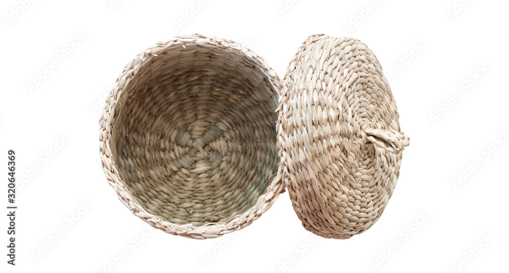Bathroom accessories. Wicker box isolated on white background.