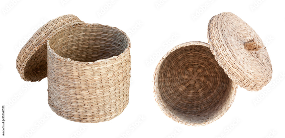 Bathroom accessories set. Wicker open boxes isolated on white background. Bathroom accessories set. Wicker open boxes isolated on white background.