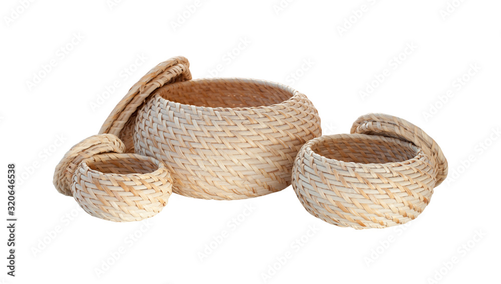 Fototapeta premium Bathroom accessories set. Wicker open boxes isolated on white background.