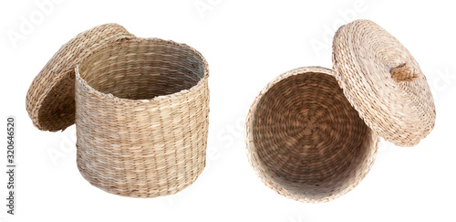 Bathroom accessories set. Wicker open boxes isolated on white background.