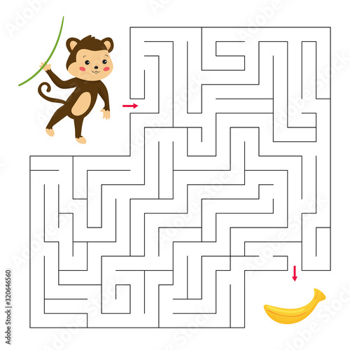 Help the monkey find right way to banana. Maze game for preschool children. Jungle animal. Cartoon character. Labyrinth.
