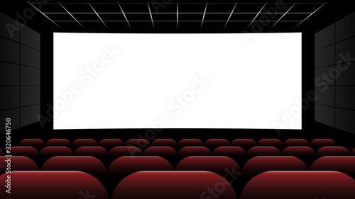 Cinema movie theater with blank screen and red seat, vector illustration