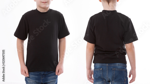 Shirt design and people concept - close up of young man in blank black tshirt front and rear isolated. Mock up template for design print