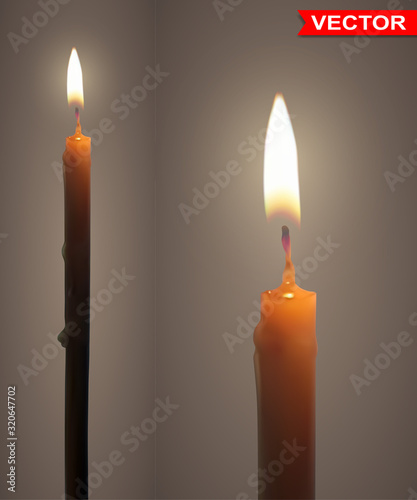 Realistic thin yellow paraffin or wax burning candles with fire flame. On dark gray background. Vector icons.