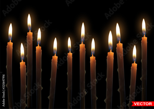 Realistic thin yellow paraffin or wax many burning candles with fire flame. On dark black background. Vector icons.