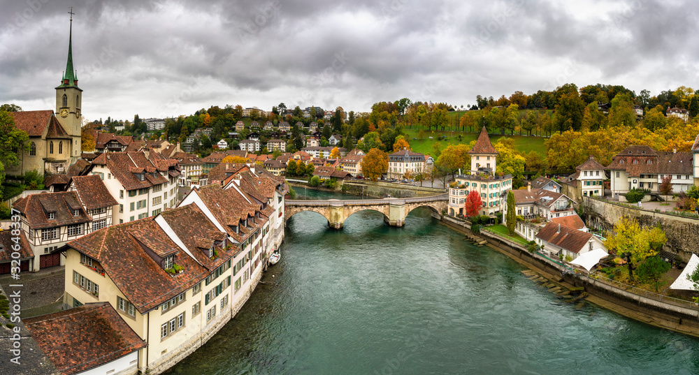 Panoramic of Aare River and Untertorbrucke bridge in the Old Town (Altstadt), Bern, Canton Bern Panoramic of Aare River and Untertorbrucke bridge in the Old Town (Altstadt), Bern, Canton Bern