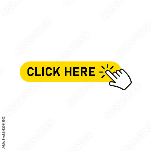 Click here button with hand pointer clicking. Vector illustration.