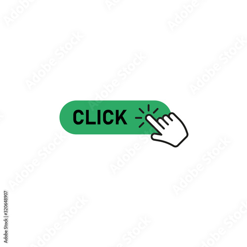 Click here button with hand pointer clicking. Vector illustration.
