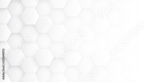 White 3D Hexagons Hight Technology Minimalist Abstract Background. Sci-Fi Tech Hexagonal Blocks Structure Conceptual Light Wallpaper In Ultra Definition. Clear Blank Subtle Textured Banner Backdrop