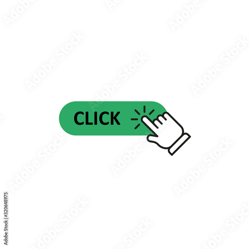 Click here button with hand pointer clicking. Vector illustration.