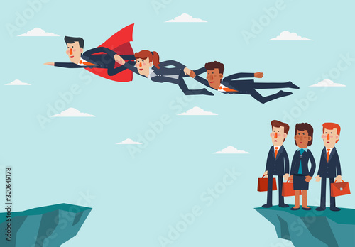 Superhero helps business people jump over the cliff