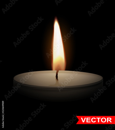 Realistic small round paraffin or wax aromatic decorative tealight candle in metal box with fire flame. On black background. Vector icon.
