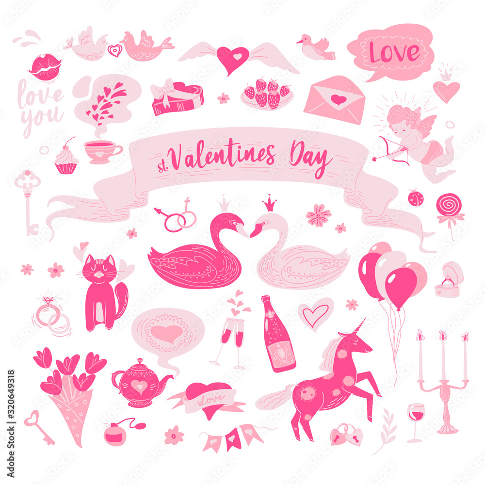 Valentines Day romantic set. Vector illustrations for Valentines day decorations: hearts, cupid, birds, balloons, candies, drinks, candles, unicorn. Love symbols and doodles isolated on white.
