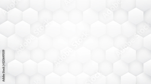 Fototapeta Naklejka Na Ścianę i Meble -  White 3D Hexagon Pattern High Technology Abstract Minimalist Background. Conceptual Sci-Fi Tech Hexagonal Blocks Structure Minimalism Art Light Wallpaper. Clear Blank Subtle Textured Banner Backdrop