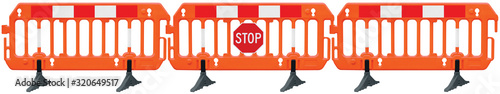 Obstacle detour barrier fence roadworks barricade panorama orange red white luminescent signal stop road sign isolated panoramic closeup traffic safety railing works warning temporary access reroute photo