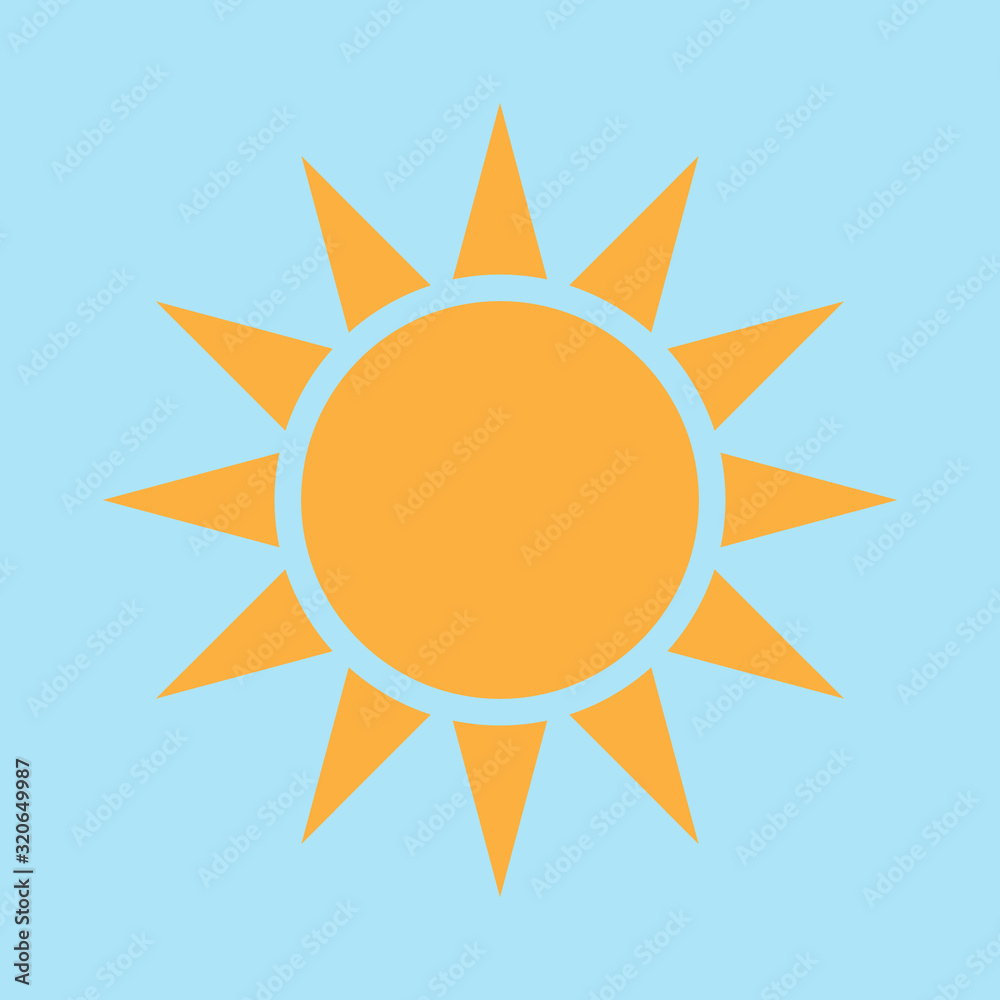 Yellow sun with twelve rays. Vector illustration on blue background.