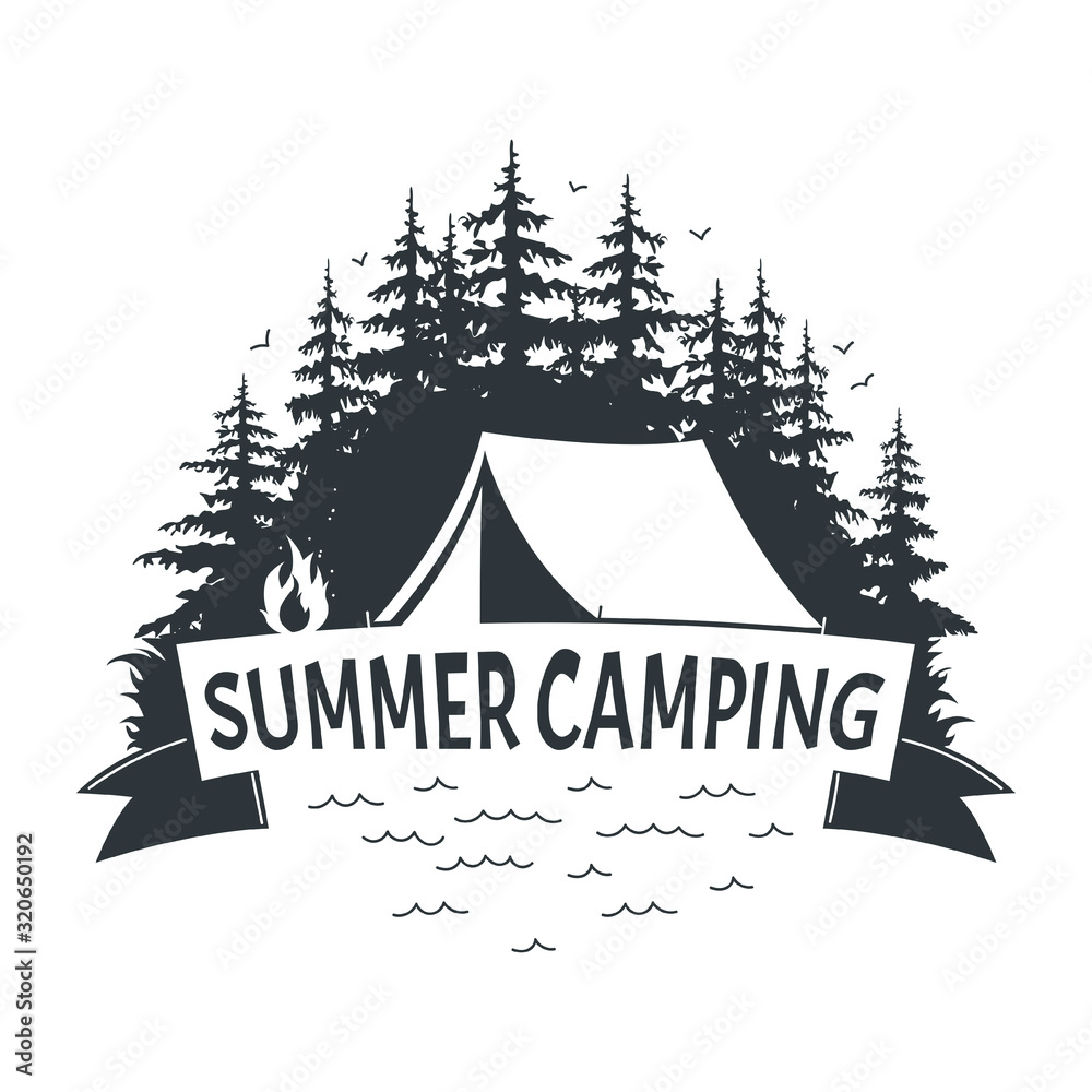 Summer camp. Vector illustration. Camping and outdoor adventure emblem. Vintage typography design with camping tent and bonfire