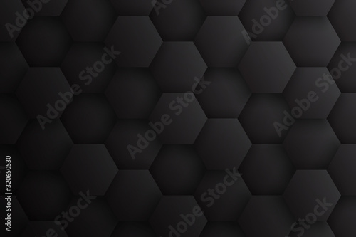 3D Hexagon Blocks Structure Dark Gray Minimalist Abstract Background. Three Dimensional Science Technologic Hexagonal Pattern Black Conceptual Illustration. Clear Blank Subtle Textured Backdrop