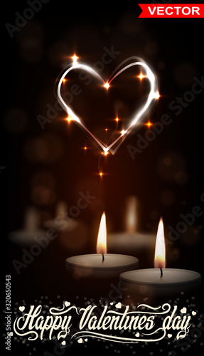 Realistic small round paraffin or wax aromatic decorative tealight candles in metal box with fire flame and shiny heart. On dark blurred background. Valentines day.