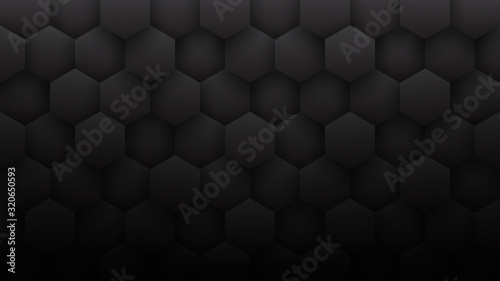 3D Hexagons Grid Pattern Technological Minimalist Dark Gray Abstract Background. Sci-Fi Hexagonal Blocks Structure Conceptual Minimalism Art Illustration. Black Clear Blank Subtle Textured Wallpaper