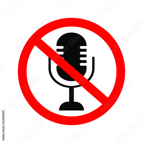	 No Microphone icon. Speaker symbol. Live music sign. Red prohibition sign. Stop symbol. Vector